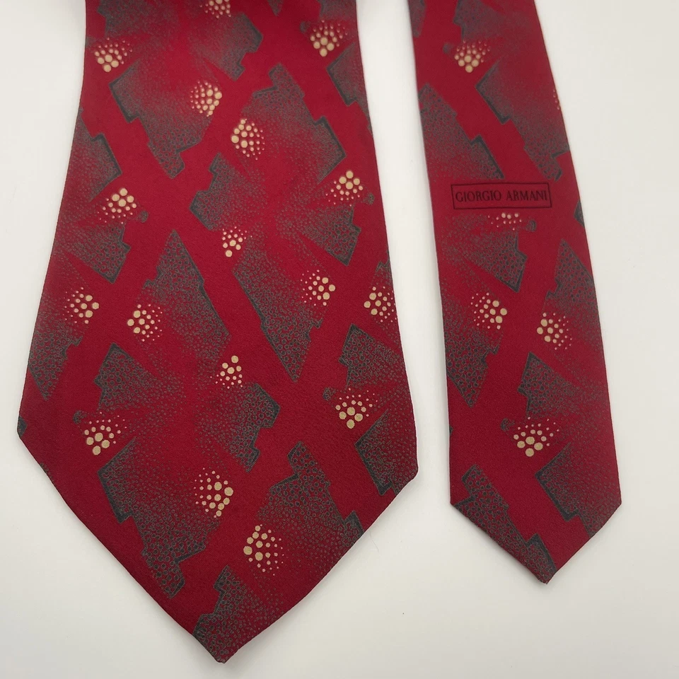 Corbata de seda GIORGIO ARMANI ITALIA diseñador geométrico rojo/gris 3,75" x 56" Foto 1 de 4