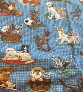 Cotton Quilting Fabric Pets Dogs Cats Blue Plaid Lg Remnant #13 - Picture 1 of 5
