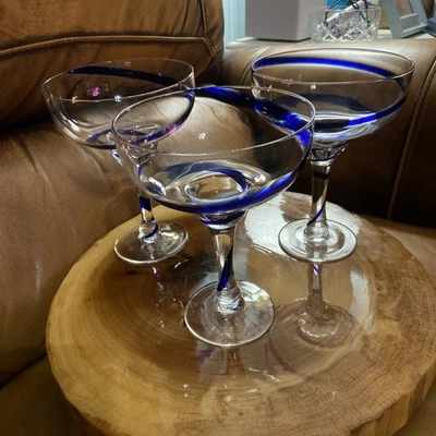 Set Of 3 PIER 1 COBALT BLUE SWIRLINE Margarita Glasses: Frozen Drink •Hand Blown - Image 1 of 4