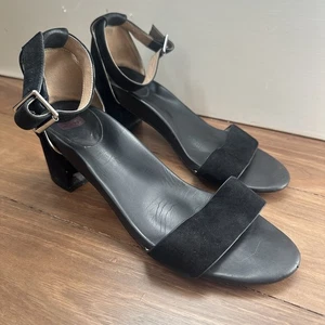 Bared Heel Sandals Size 39 8 Black Leather Nubuck Block Heel - Picture 1 of 18