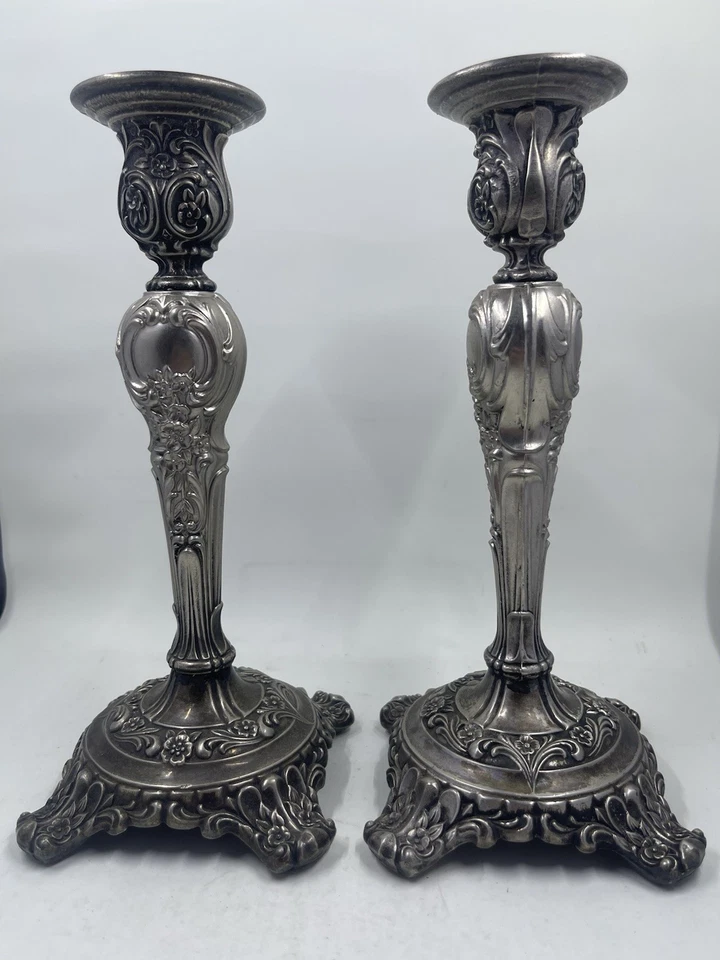 Посеребренные подсвечники WM Rogers & Son 9 дюймов пара 1950-х годов «Викторианская роза» - Изображение 1 из 4