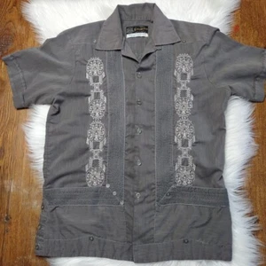 Guaya Teco Med M 38 Button Down Shirt Embroidered Gray Short Sleeve Aztec Design - Picture 1 of 13