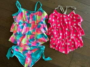 JUSTICE Girls Sz 12 & 14 Swimsuit Tankini Set Tiered Ruffle Swim Blue Pink - Picture 1 of 8
