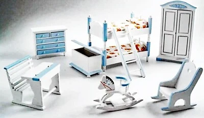 Dolls House 7 Piece Nursery Set Blue And White 1:12 Scale Bedroom DF900b tumdee - Image 1 of 4