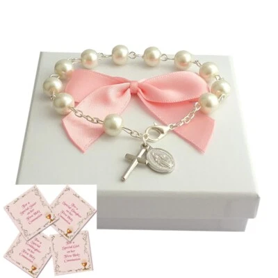 Rosenkranz Armbänder. Pink, Weiß Erste Heilige Kommunion Geschenk für Mädchen, - Bild 1 von 4