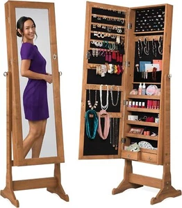 Freestanding Jewelry Armoire Cabinet Full Length Standing Mirror Lockable Brown - Picture 1 of 7