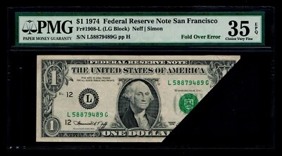Fold Over error 1974 $1 San Francisco PMG VF 35 EPQ - Image 1 of 2