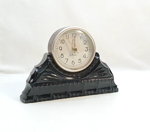 Clock Mechanical 7 Days Desk MAJAK USSR 1960's Black Crystal Rare Vintage Soviet Cover