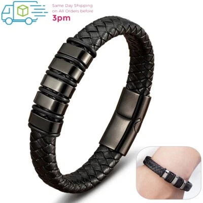 Men Leather Wrap Braided Bracelet Bangle Titanium Steel Magnetic Clasp Handmade - Image 1 of 4