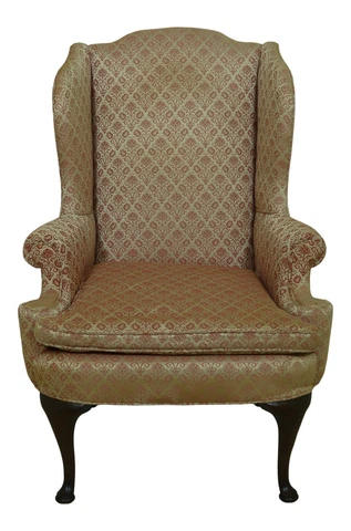 F53044EC: Vintage Queen Anne Mahogany Wing Chair w. Down Seat Cover