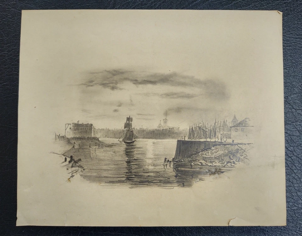 Ship Leaving Harbor - Original 19th Century Anonymous Drawing  - Image 1 of 1