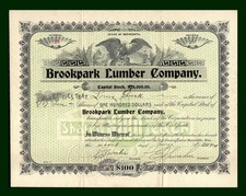 1904 Minnesota Brookpark Lumber Company Stock Certificate - Mississippi Sawmill