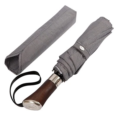 Balios Houndstooth Hardwood Handle Travel Umbrella Single Canopy Auto Open Close