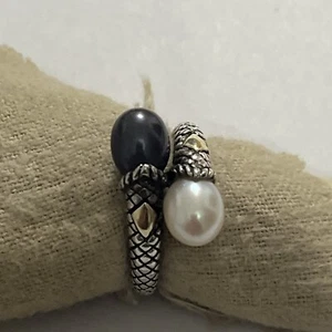 ANDREA CANDELA WHITE BLACK PEARL STERLING SILVER 18K GOLD WRAP RING SIZE 7 - Picture 1 of 6