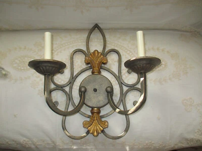 Large French Fleur De Lis Design Grey & Gold Wrought Iron Wall Sconce 18" x 13.5 - Image 1 of 4