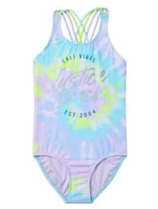 Justice Girls 1 Piece Swimsuit Mint Size 10 Tie Dye Lined Strappy Back Logo - Picture 1 of 10