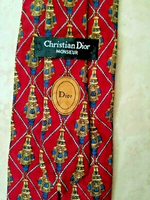 Corbata de seda para hombre Christian Dior Monsieur rojo oscuro y dorado ornamentada 3,5" de ancho  Foto 1 de 4