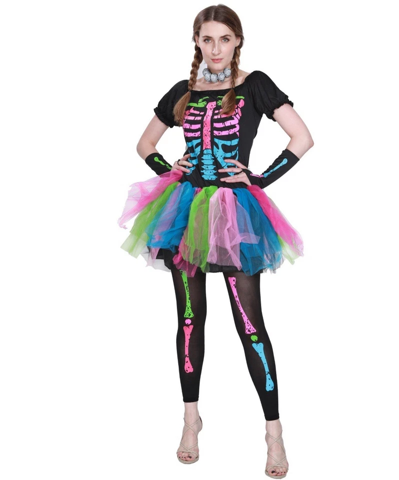 EraSpooky Mujer Funky Punk Huesos Disfraces Esqueleto Colorido Tutú Vestido Grande Foto 1 de 1