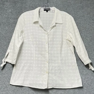 Blusa Elementz 100% Algodón Blanco Ojales Manga 3/4 Cuello Botones Talla PL Foto 1 de 4