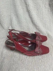 Valenti Franco rot Satin Slingback Heels Strass Schleife Akzent Gr.11M - Bild 1 von 10