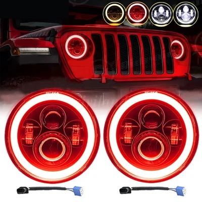 7" inch Round LED Headlights w/Red Halo Angel Eyes for Jeep Wrangler JK LJ TJ CJ - Image 1 of 4