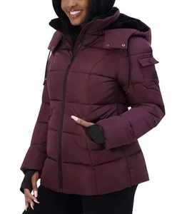 Steve Madden Juniors Small Faux Fur Lined Hooded Puffer Coat In Merlot - Picture 1 of 4