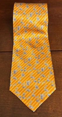 Gravata de seda masculina Faberge design 163 listras laranja/flores azuis feita à mão EUA EUC - Imagem 1 de 4