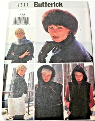 Butterick 3311 Misses Faux Fur Vest Headwrap Scarf Bag Sewing Pattern XS-S 6-10 - Image 1 of 2