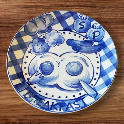 Plato de desayuno vintage artesanal de sal y pimienta azul guinga Foto 1 de 2