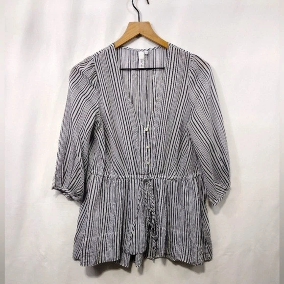 Sine Silk Blend Pin Stripped Babydoll Top Women's 4 White Blue Retro 90s Y2K - Image 1 of 4