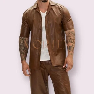 Men's Brown Leather Shirt Real Lambskin Leather Shirt Causal Shirt Soft Leather - Picture 1 of 3