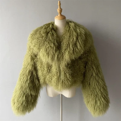 Women Real Mongolian Fur Coat Big Lapel Real Fur Warm Fluffy Short Jacket Casual - Image 1 of 4