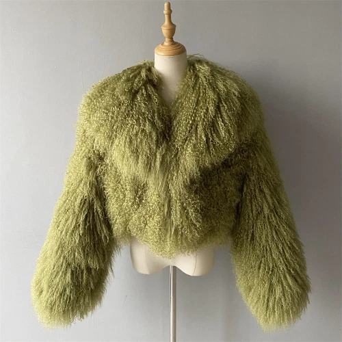 Women Real Mongolian Fur Coat Big Lapel Real Fur Warm Fluffy Short Jacket Casual - Image 1 of 4