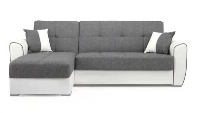 DIVANO ANGOLARE ECOPELLE BIANCO-GRIGIO/ BIANCO-TORTORA CON LETTO E CONTENITORE - Immagine 1 di 4