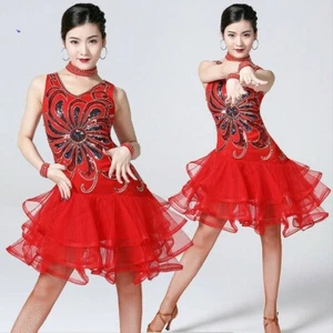 Femme Danse Latine Robe Salsa Cha Tango Salle de Bal Moderne Rumba Paillettes - Afbeelding 1 van 13