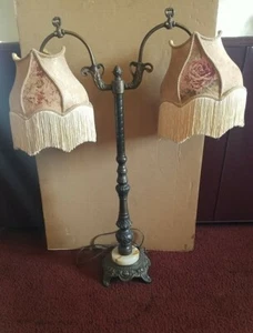 Antique Brass Table Lamp with Dual Upholstered Shades & Marble Base - Picture 1 of 12