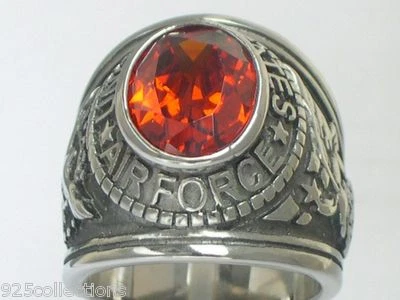 Stainless Steel United States Air Force Military Garnet Stone Men Ring Size 7-15 - Image 1 of 4