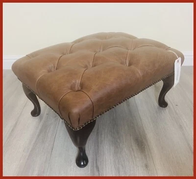 Chesterfield Queen Anne Button Brown Genuine Leather Footstool - Image 1 of 4