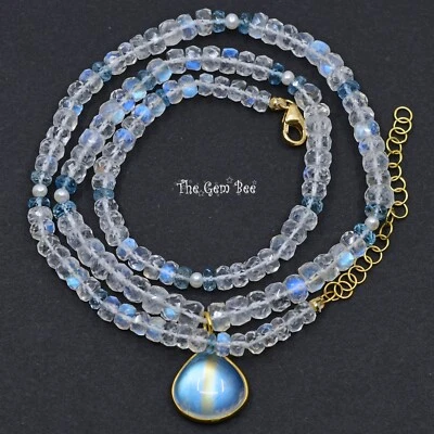 Collar Colgante Oro 18K Arco Iris Piedra Lunar Aguamarina Semilla Perla Cuentas 17-19" Foto 1 de 4