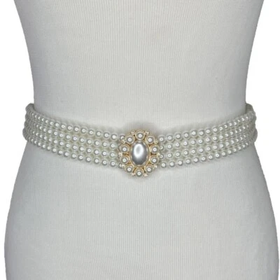 "Cinturón de imitación con cuentas de perlas hebilla de diamantes de imitación cintura ancha cincha elástica 28"" - 32"" S M" Foto 1 de 4