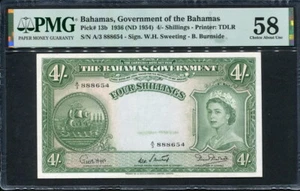 Bahamas 1953, 4 chelines, P13b, PMG 58 AUNC - Imagen 1 de 2