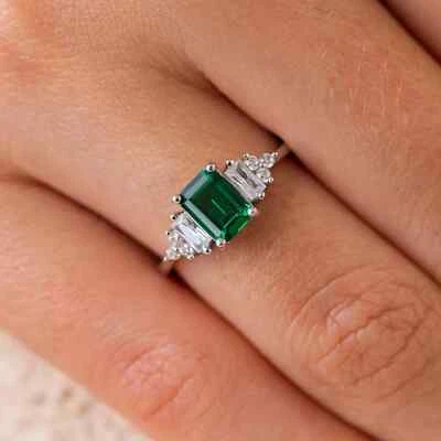 Emerald And Moissanite Gemstone 925 Silver Ring Promise Anniversary Gift for Her - Image 1 of 4