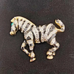 Zebra Brooch Pin Gold and Silver Tone Enamel Textured Green Eye Repaired Clasp - Picture 1 of 24
