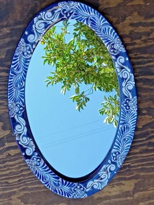 25" TALAVERA MIRROR bathroom wall decor vanity, Mexican pottery folk art hanging - Picture 1 of 5
