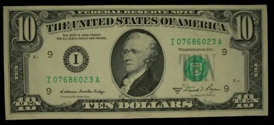 1981-A $10 Federal Reserve Note. Choice Unc. Ink Smear Rev. Error. - Image 1 of 3