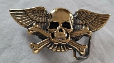WINGED SKULL & BONES CROSSBONES BIKER SOLID BRASS BELT BUCKLE 1979 BARON BUCKLES - Image 1 of 4