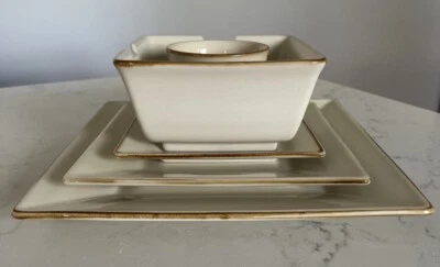 Pottery Barn Square Asian Cream 5 Piece Dinnerware Set Stoneware Japan Place Set - Image 1 of 4