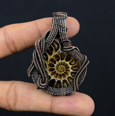 Ammonite Fossil Handmade Gemstones Copper Wire Wrapped Pendant Jewelry Foto 1 de 4