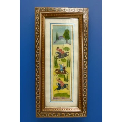 Persian Miniature Bone Equestrian Painting, Marquetry Khatam Frame 11.37" x5.5" - Image 1 of 4