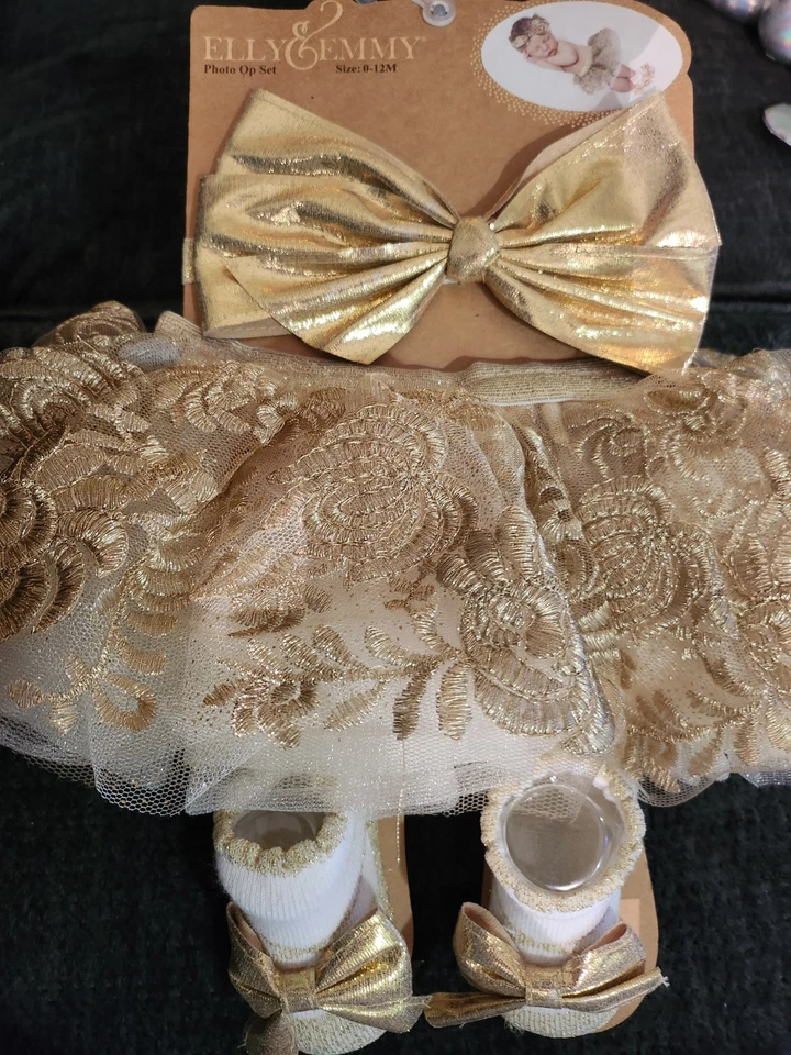 Elly & Emmy's Baby Holiday Outfit Set Sz 0 - 12 Mo. 3 Pc Gold Tutu NEW! - Image 1 of 4